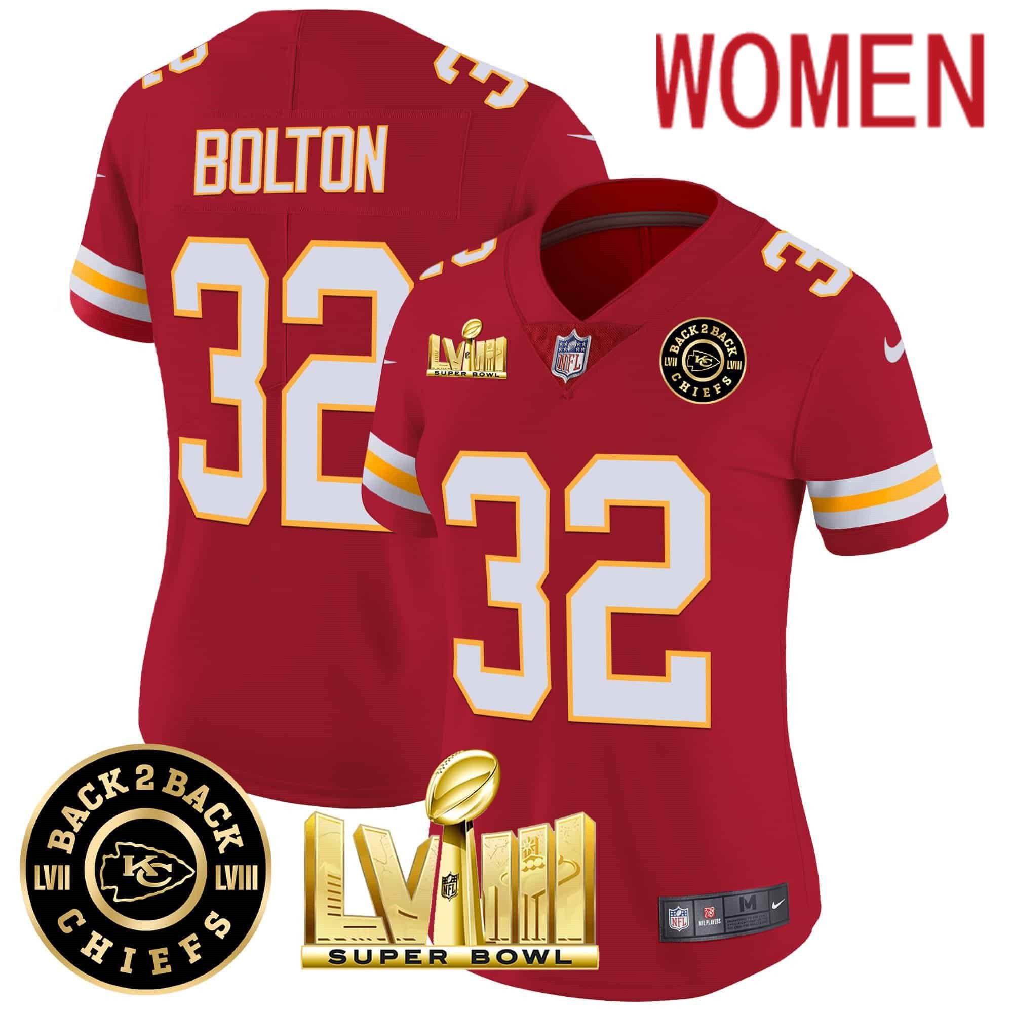 Women Kansas City Chiefs #32 Bolton Red 2024 Nike Super Bowl LVIII & Back-2-Back Patch Vapor NFL Jersey style 3->women nfl jersey->Women Jersey